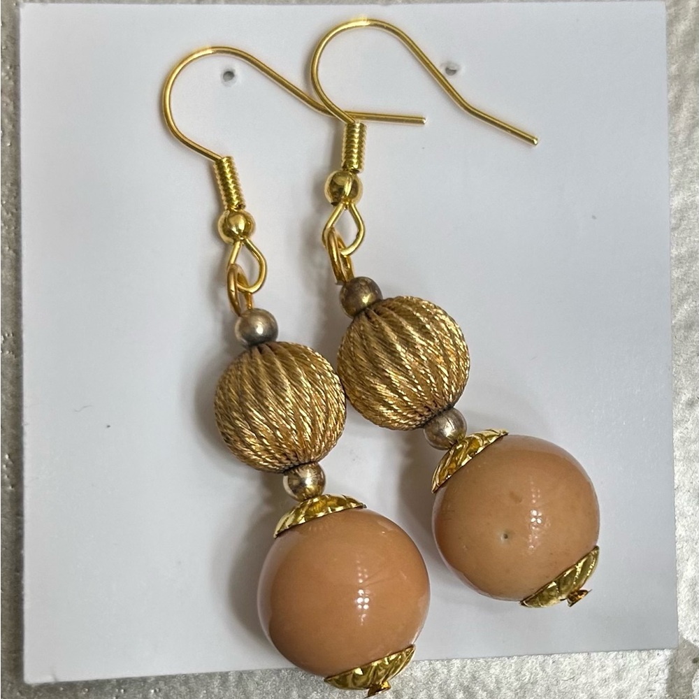 Elegant Gold and Tan Dangle Earrings made of Porcelain.